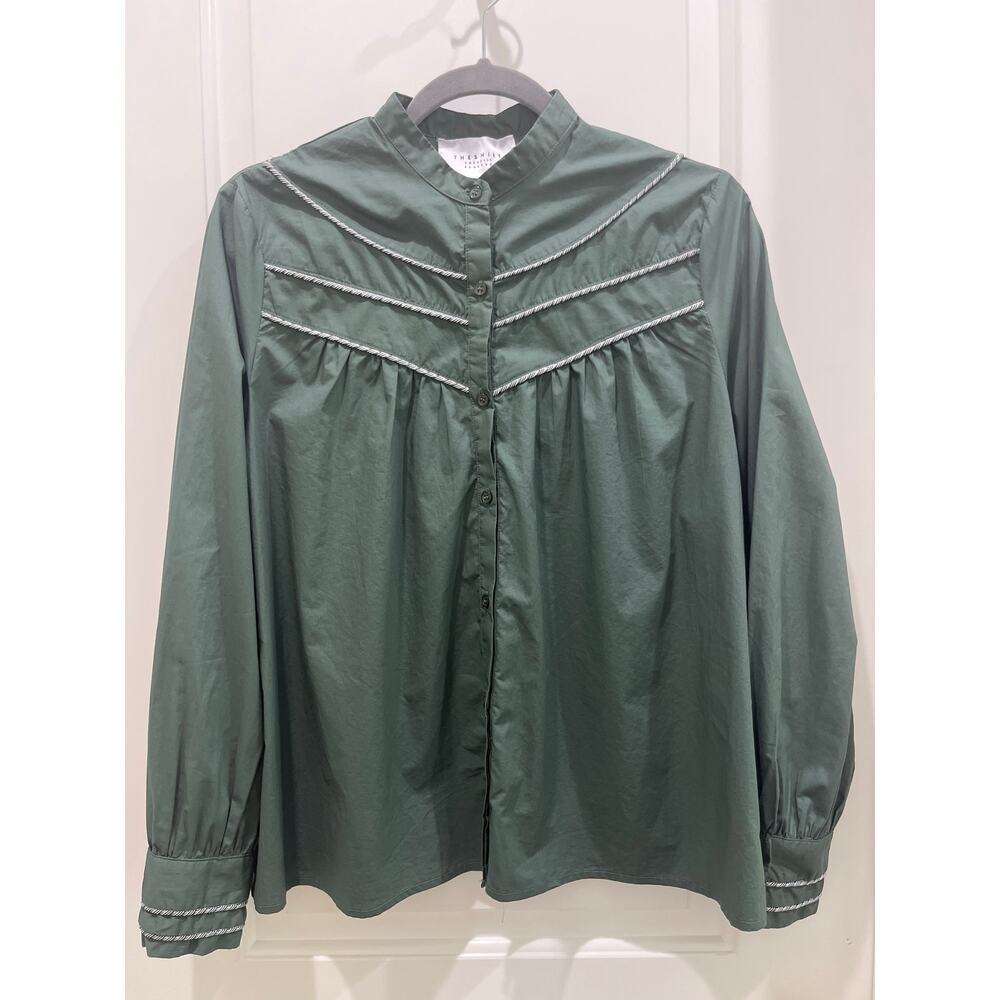 The Shirt By Rochelle Behrens Button Down Trimmed Detail In Hunter Green Sz M